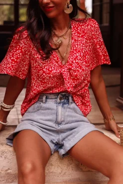 Hot Blouse Anja rouge à fleurs Blouses