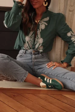Clearance Blouse Monica brodée vert Blouses